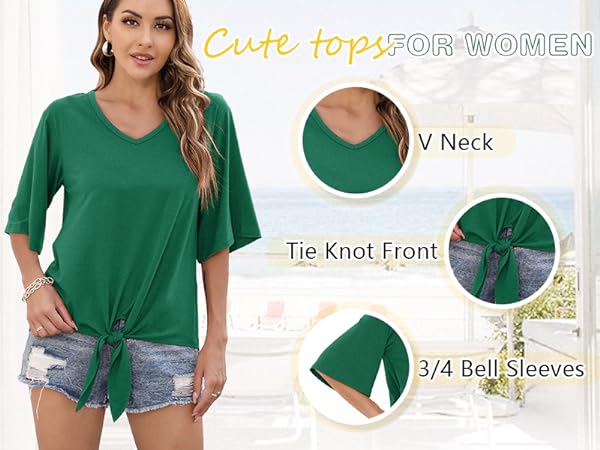 Women&#39;s Short Sleeve Tie Front Knot Casual Loose Fit Tee T-Shirt