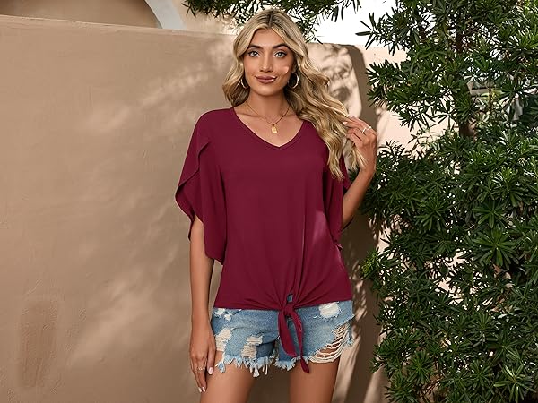 SUEANI Women&#39;s V Neck Batwing Half Sleeve Shirts Loose Blouse Solid Color Tops