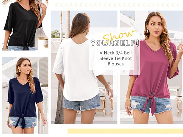 Women''s Short Sleeve Tie Front Knot Casual Loose Fit Tee T-Shirt