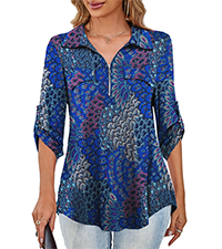 Floral Print Zipper V Neck Blouses