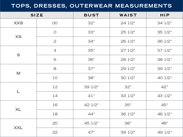 tops dresses outerwear measurements