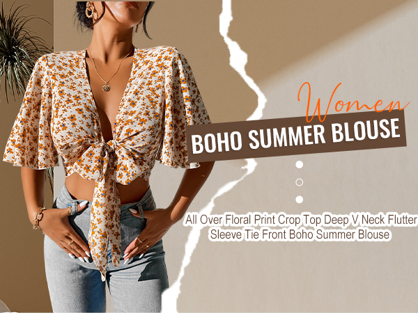 All Over Floral Print Crop Top Deep V Neck Flutter Sleeve Tie Front Boho Summer Blouse Top