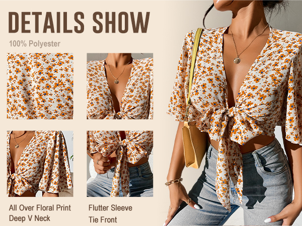 All Over Floral Print Crop Top Deep V Neck Flutter Sleeve Tie Front Boho Summer Blouse Top