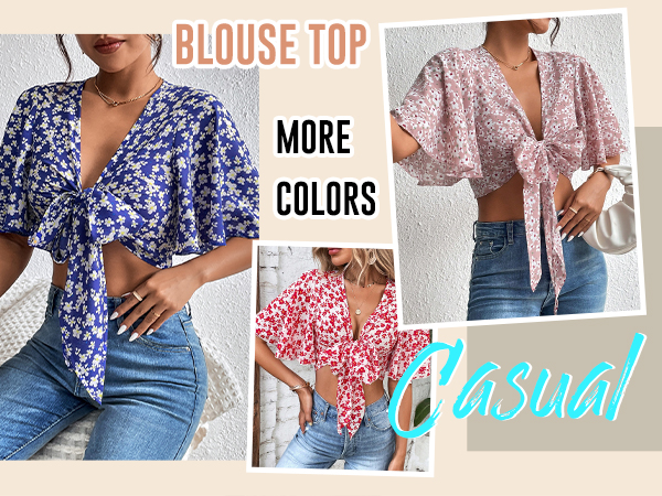 All Over Floral Print Crop Top Deep V Neck Flutter Sleeve Tie Front Boho Summer Blouse Top