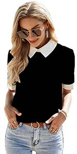 Colorblock Contrast Polo Collar Blouse