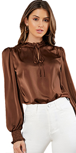 Tie Neck Long Sleeve Shirred Cuff Satin Blouse