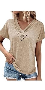 Women Blouses and Tops Dressy 2024 Summer Fashion Tops Solid Color V-Neck Short Sleeve Tops