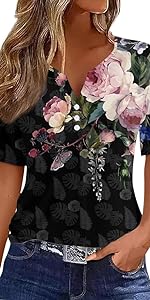 Summer Tops for Women 2024 Vacation Trendy V Neck Floral Short Sleeve Shirts