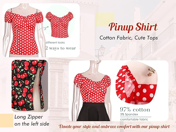 Women''s Rockabilly Tops, 1950s Pinup Vintage Blouse Slim Fit Shirt