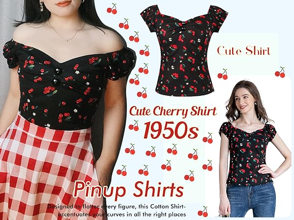 Women''s Rockabilly Tops, 1950s Pinup Vintage Blouse Slim Fit Shirt