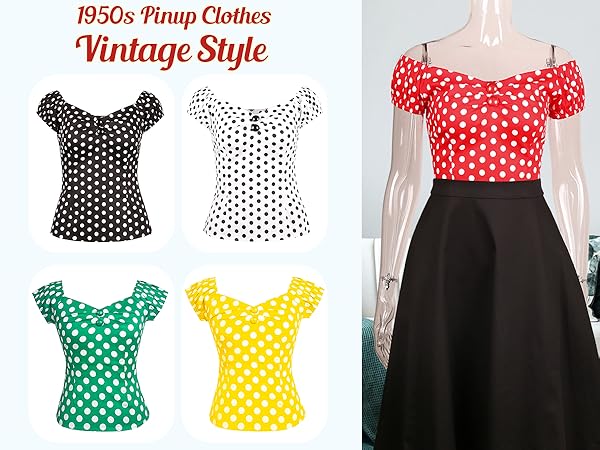 Women''s Rockabilly Tops, 1950s Pinup Vintage Blouse Slim Fit Shirt