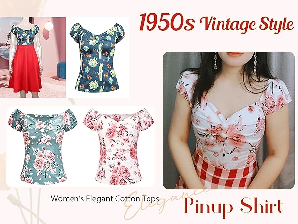 Women''s Rockabilly Tops, 1950s Pinup Vintage Blouse Slim Fit Shirt