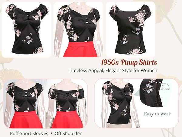 Women''s Rockabilly Tops, 1950s Pinup Vintage Blouse Slim Fit Shirt