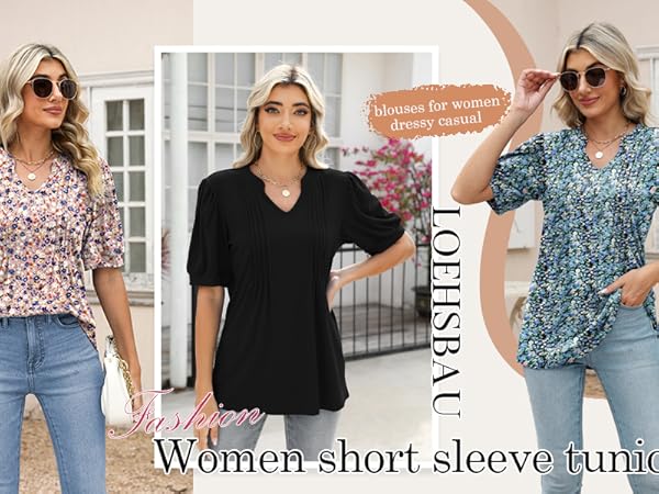 Womens Short Sleeve Summer Tops Puff Pleated Work Blouse Fashion Tops Casual Tunic T-Shirts