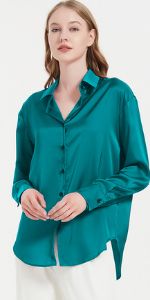 green satin button down blouse