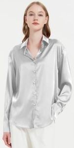 gray satin button down blouse