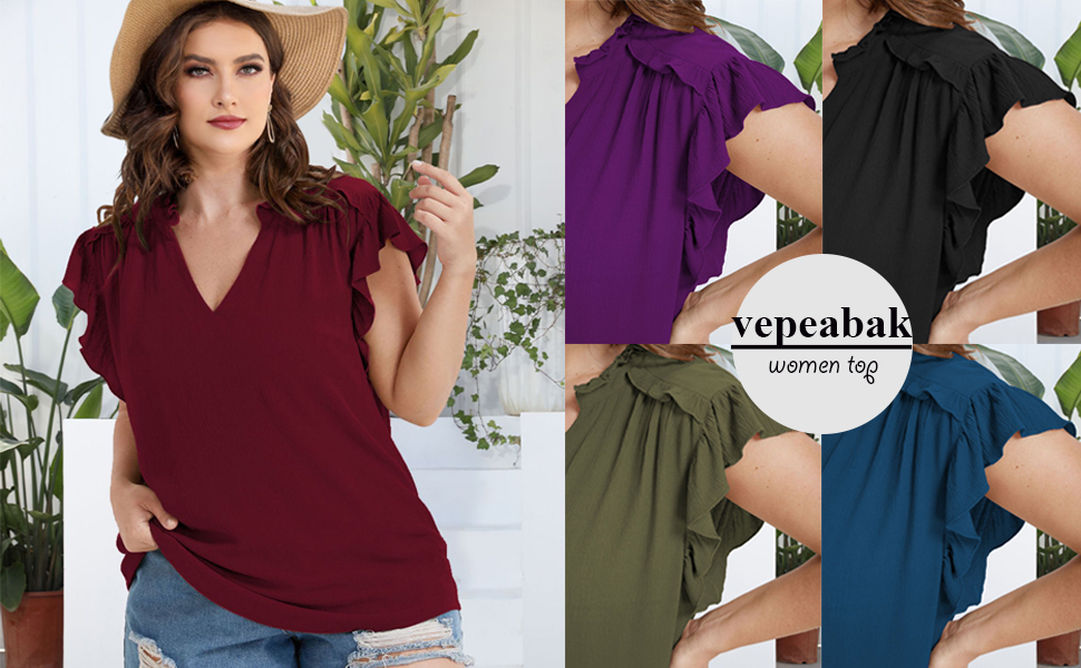 Womens Plus Size Tops Casual Solid V Neck Ruffles Sleeve Blouse Shirts