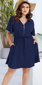 Womens Plus Size Dress Zipper V Neck Solid Flutter Short Sleeve Tie Waist Mini Dress with Pockets