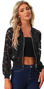 B0CKX5WFY2 Lace Mesh Sheer Bomber Jacket