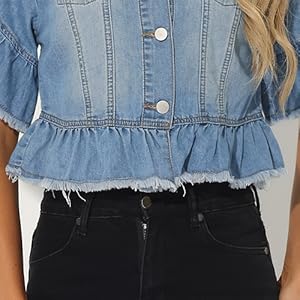 Allegra K Denim Tops for Women''s Ruffled Short Sleeve Lightweight Jean Peplum Hem Jean Shirt