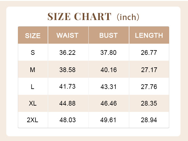 tunic tops'' size chart