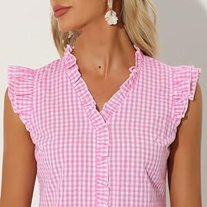 Allegra K Ruffle Shirt for Women''s Button Down Cap Sleeve Plaid Gingham Blouse