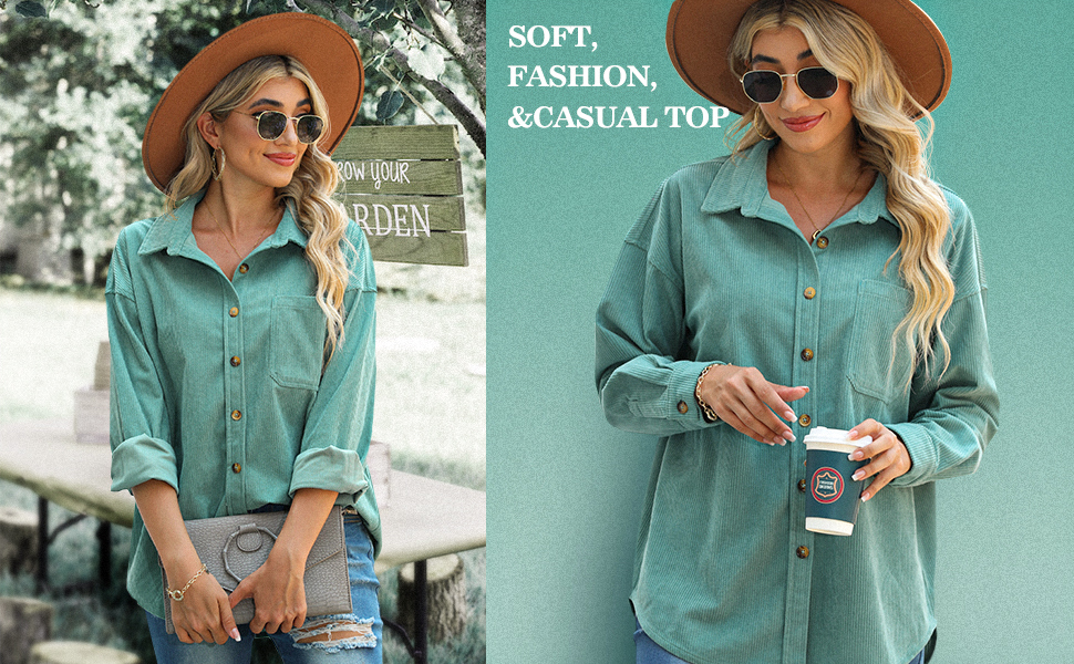 Corduroy Button Down Shirt Casual Oversized Long Sleeve Blouses Tops