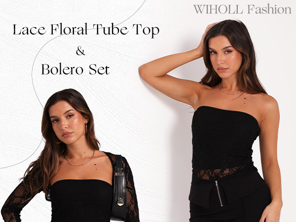 WIHOLL Fashion Lace Floral Tube Top and Bolero Set