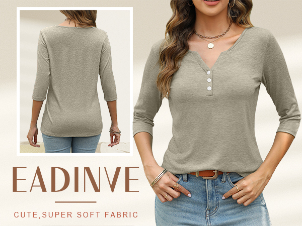 EADINVE Womens 3/4 Sleeve T-Shirts V Neck Buttons Tops Basic Tee Solid Color Blouse Loose Fit