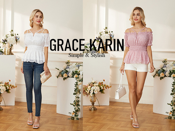 Women''s Peplum Tops grace karin blouse Summer Puff Short Sleeve shirts Ruffle Hem Blouse