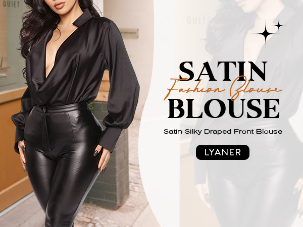 satin collar neck drape ruched front long sleeve blouse shirt top