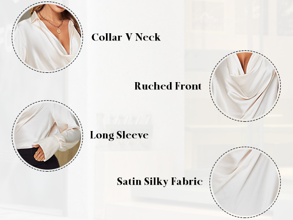 satin collar neck drape ruched front long sleeve blouse shirt top