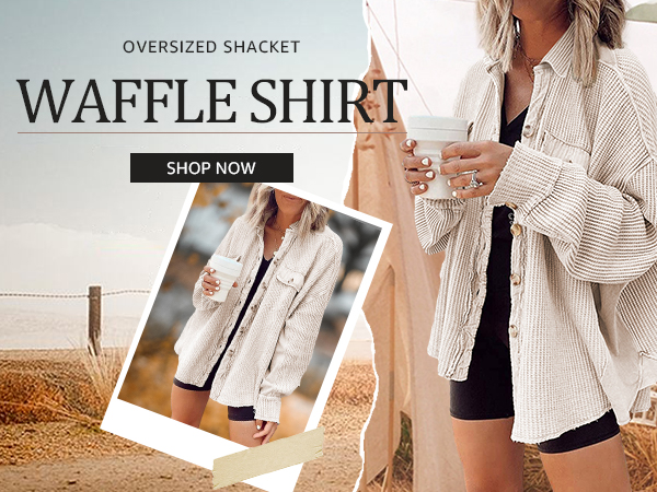 Nirovien Womens Waffle Knit Shirt Jacket Oversized Button Down Shacket Batwing Sleeve Tops