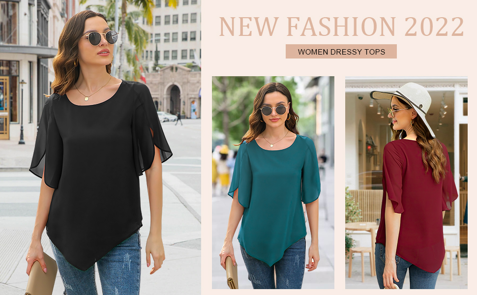 Women Dressy Blouses Chiffon Blouse for Women Elegant Plus Size Short Sleeve Casual Tops