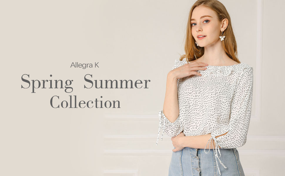 Allegra K Women''s Ruffled Neck Half Sleeve Summer Sheer Polka Dot Blouse Tops