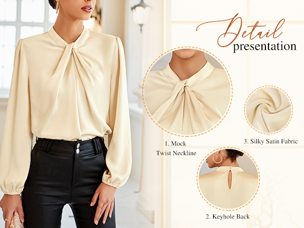 Twist neckline, teardrop button at the back, pull on shirts,loose fit, solid color