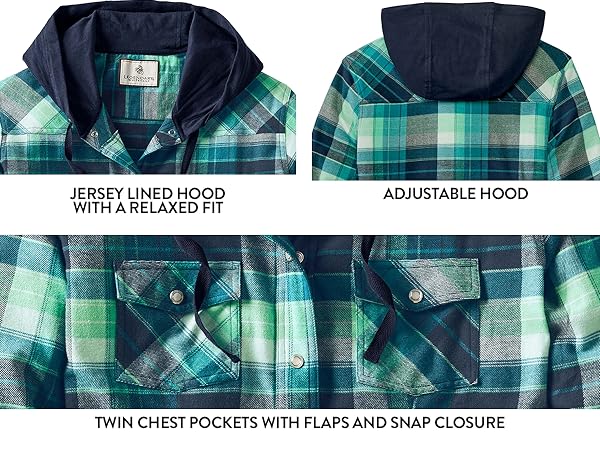 twin chest pockets, snap closure, flaps, jersey lined-hood with a relaxed fit, plaid, women''s, warm