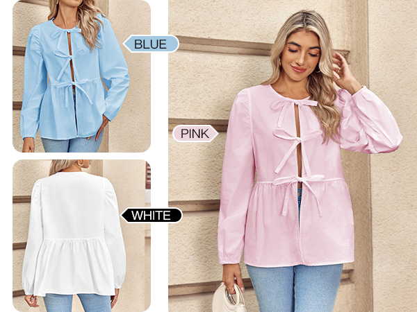 tie front tops for women bow tops for women puff sleeve tops babydoll top cute going out tops