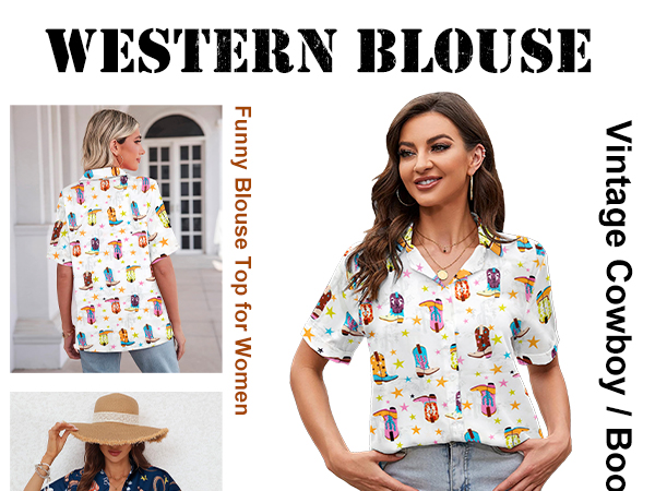  Western Cowboy Shirts Women Retro Cowgirl Boots Hawaiian Shirt Summer Casual Button Down Blouse