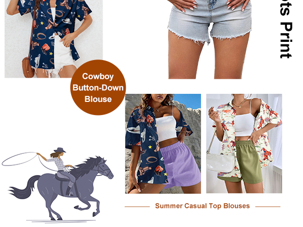  Western Cowboy Shirts Women Retro Cowgirl Boots Hawaiian Shirt Summer Casual Button Down Blouse