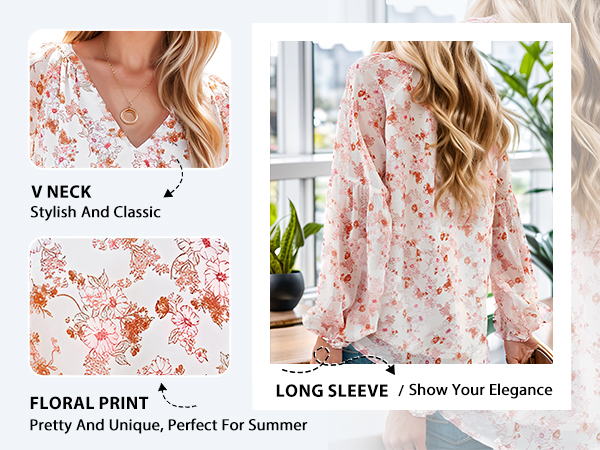 floral casual v neck long sleeve blouse shirt stylish boho office trendy loose fit