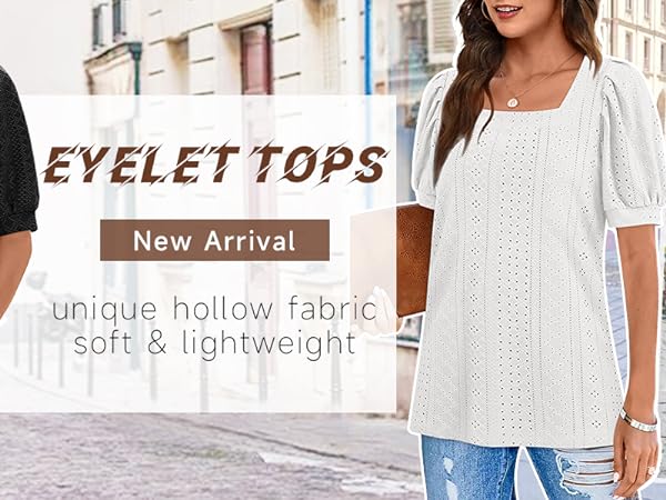 Womens Square Neck Shirt Hollow Out Pointelle Tops Flowy Plain Tees