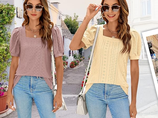 Summer Shirts for Women 2024 Puff Sleeve Plain T-Shirts Pointelle Top