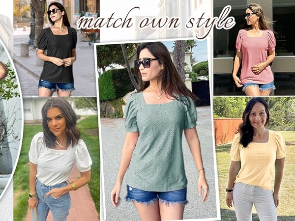 Square Neck Tops for Women Short Sleeve Loose Fit T-Shirts Solid Color