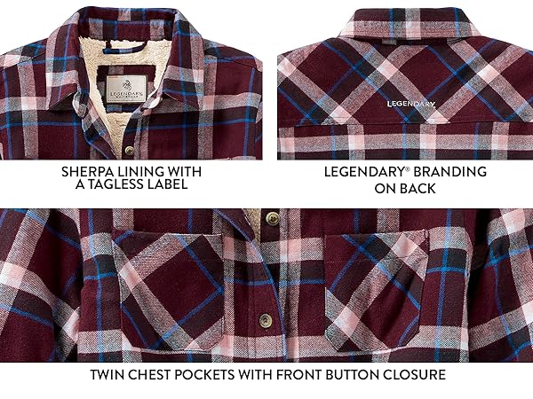 chest pockets, tagless label, sherpa lining, button closure, locker loop, wrinkle free, women, soft