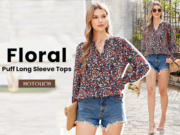 Boho Floral Print Blouses V Neck Puff Long Sleeve Tops