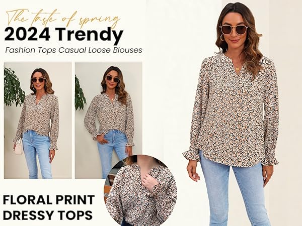 Boho Floral Print Blouses V Neck Puff Long Sleeve Tops