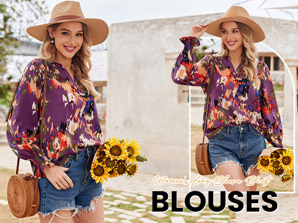 Women Boho Floral Print Blouses V Neck Puff Long Sleeve Tops