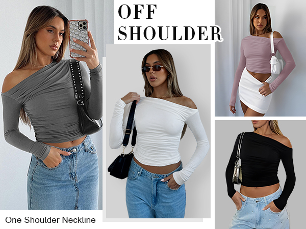 Off The Shoulder Shirts For Women Casual Long Sleeve Tops Basic Going Out Y2K Slim Fitted Clothing