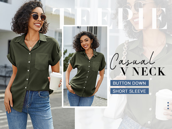 Women Short Sleeve Shirts V Neck Collared Button Down Summer Tops Casual Work Blouses